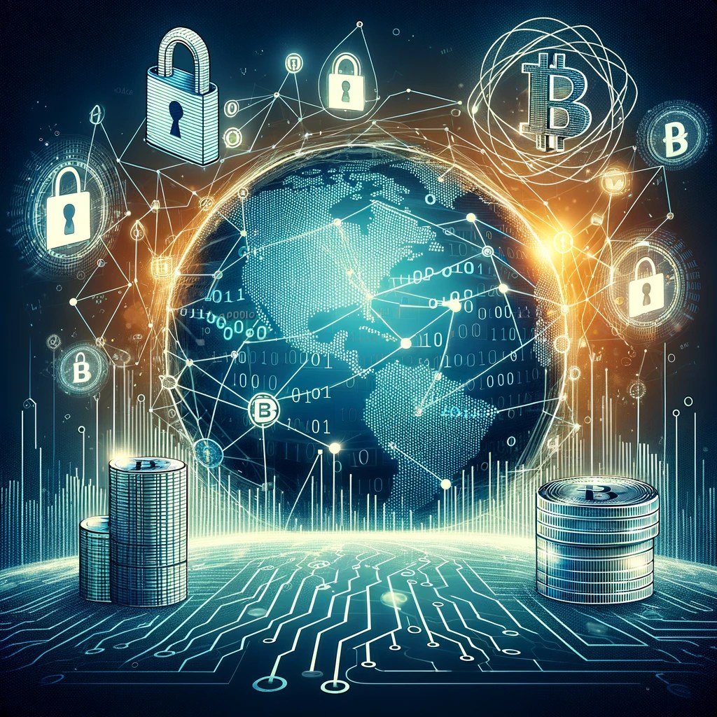 Abstract digital currency concept illustration featuring binary code, secure lock symbols, and a stylized globe, symbolizing blockchain technology such as bitcoin, global transactions, and financial innovation.