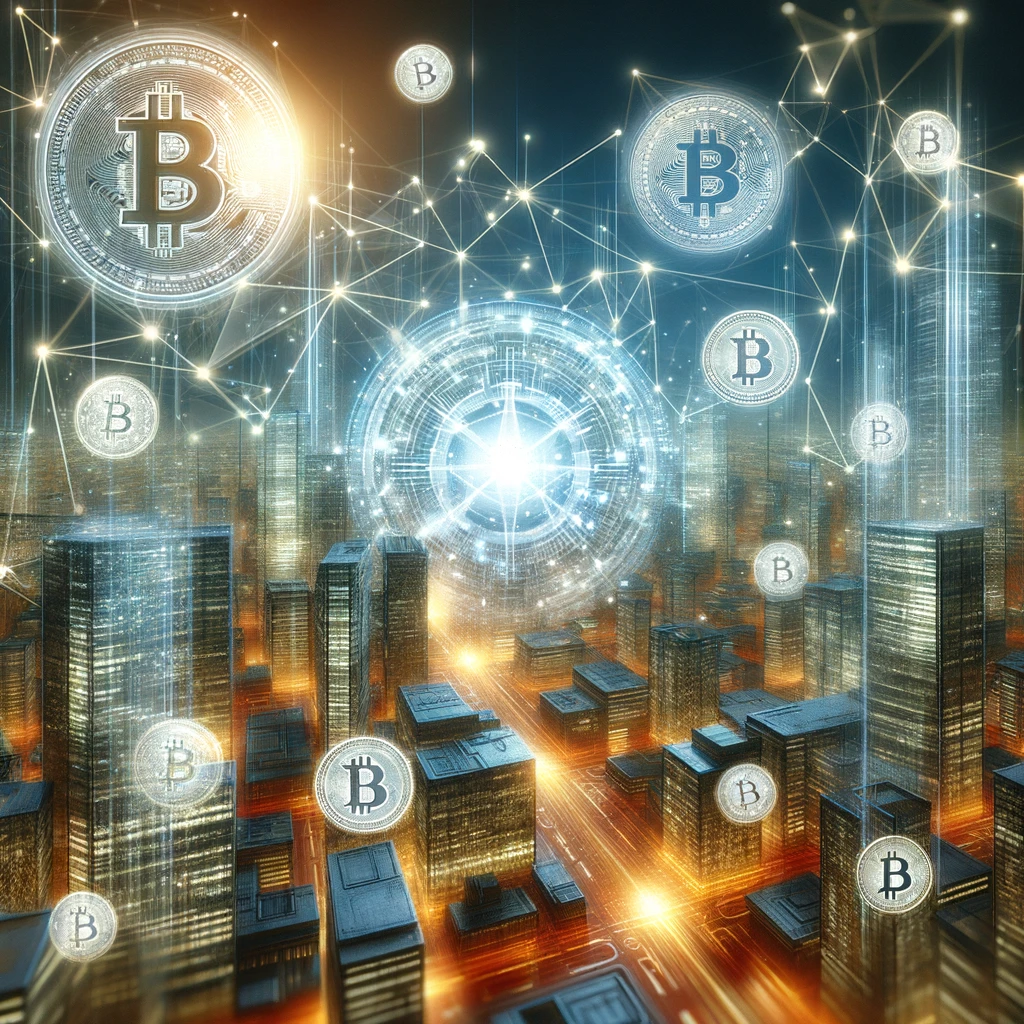 Futuristic cityscape with blockchain connections and floating digital coins illustrating cryptocurrency and blockchain technology concepts.
