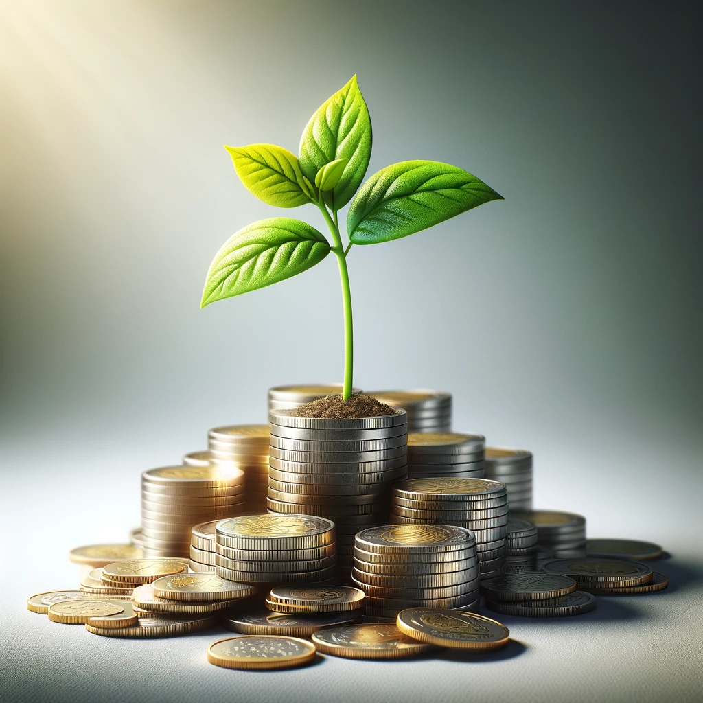 Green sapling growing from coins demonstrating growth potential of index fund investments for beginners in 2024, financial planning concept.