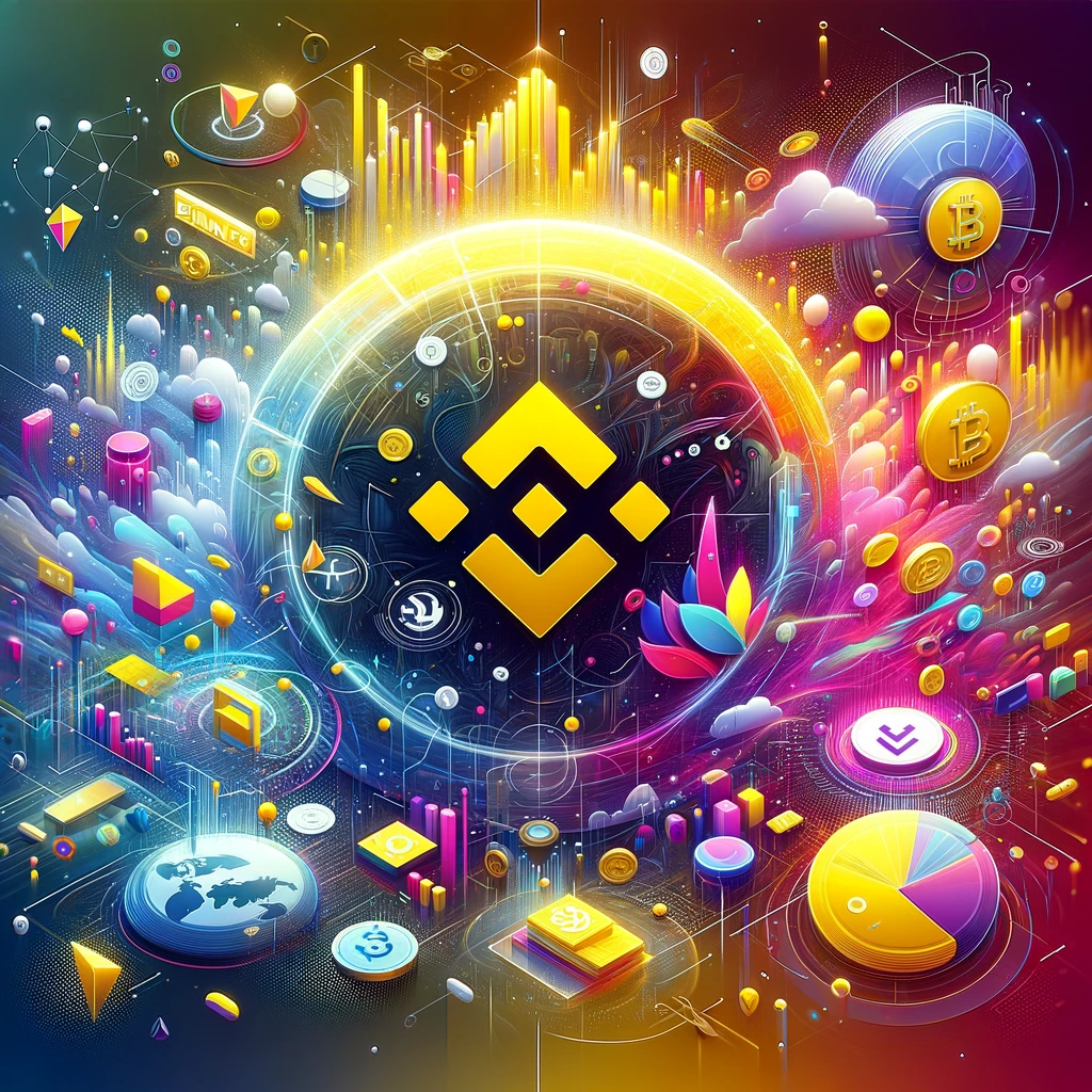 Dynamic digital illustration highlighting the utility of Binance Coin with abstract symbols for trading, staking, DeFi, and NFTs within the vibrant Binance ecosystem.