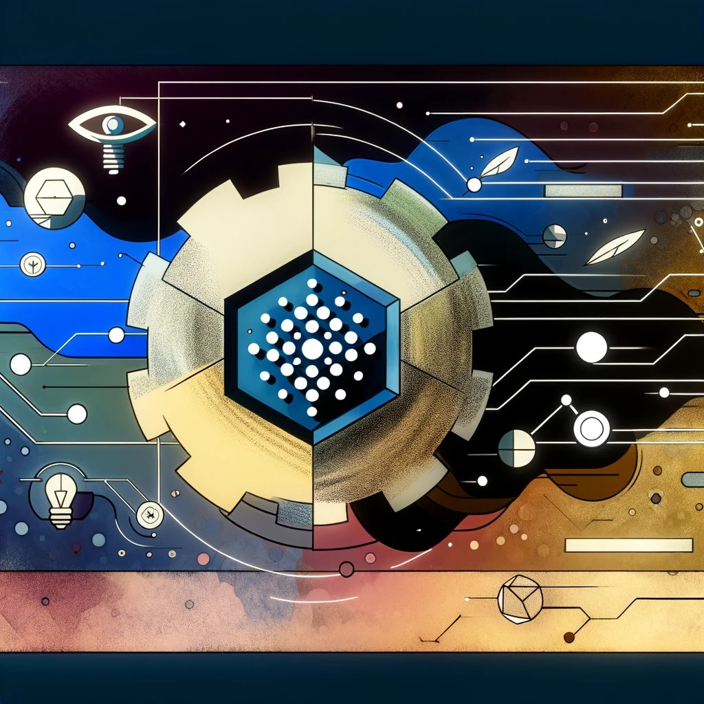 Abstract illustration highlighting Cardano's blockchain innovation, featuring geometric shapes and organic patterns that symbolize its scientific approach, digital contracts, and dedication to environmental sustainability.