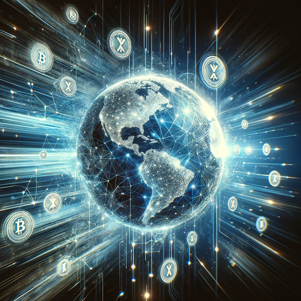 Abstract representation of global digital currency transactions showcasing seamless connectivity and speed, embodying the future of borderless financial exchanges enabled by advanced technologies like XRP.