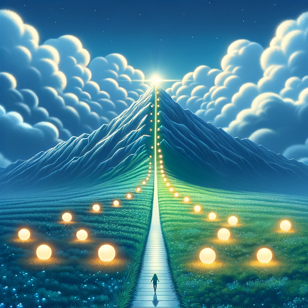 Abstract pathways illustration contrasting gentle progress with ambitious ascent, symbolizing different strategies for achieving goals.