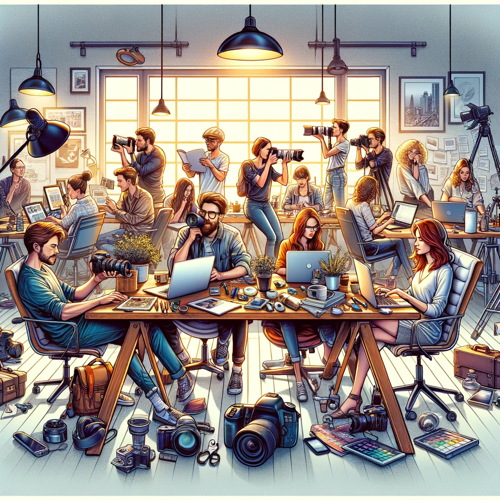 Dynamic Freelancers in Action: A vibrant illustration showcasing a diverse group of freelancers engaged in their work within a cozy, well-lit home office environment. Featuring a writer, graphic designer, and photographer surrounded by essential tools of their trades—laptops, cameras, and design equipment. This image encapsulates the essence of the freelance lifestyle, highlighting creativity, independence, and the entrepreneurial spirit in a productive work setting.