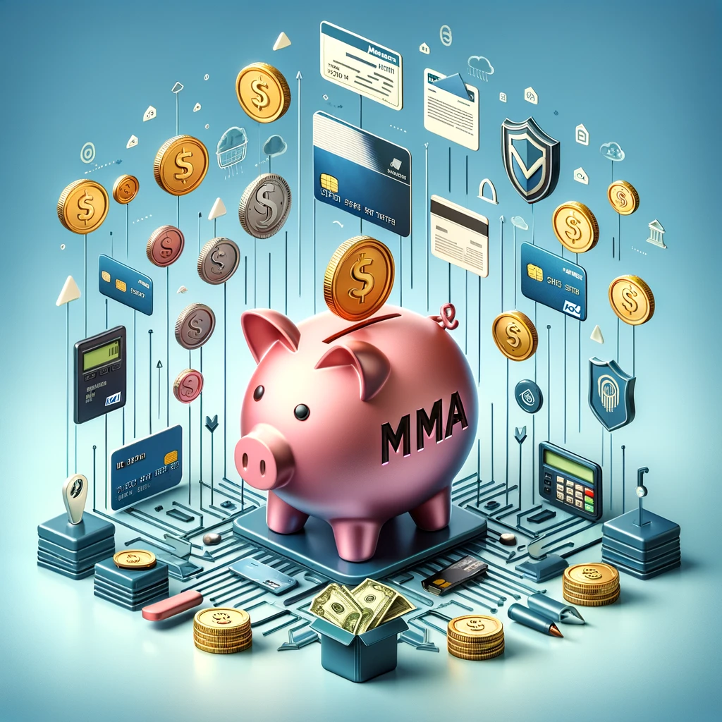 Modern illustration of Money Market Account (MMA) features with a central MMA labelled piggy bank surrounded by financial icons such as a checkbook, debit card, tiered coins, FDIC insurance shield, and electronic transfer arrows on a gradient blue background, symbolizing secure and advantageous savings options.