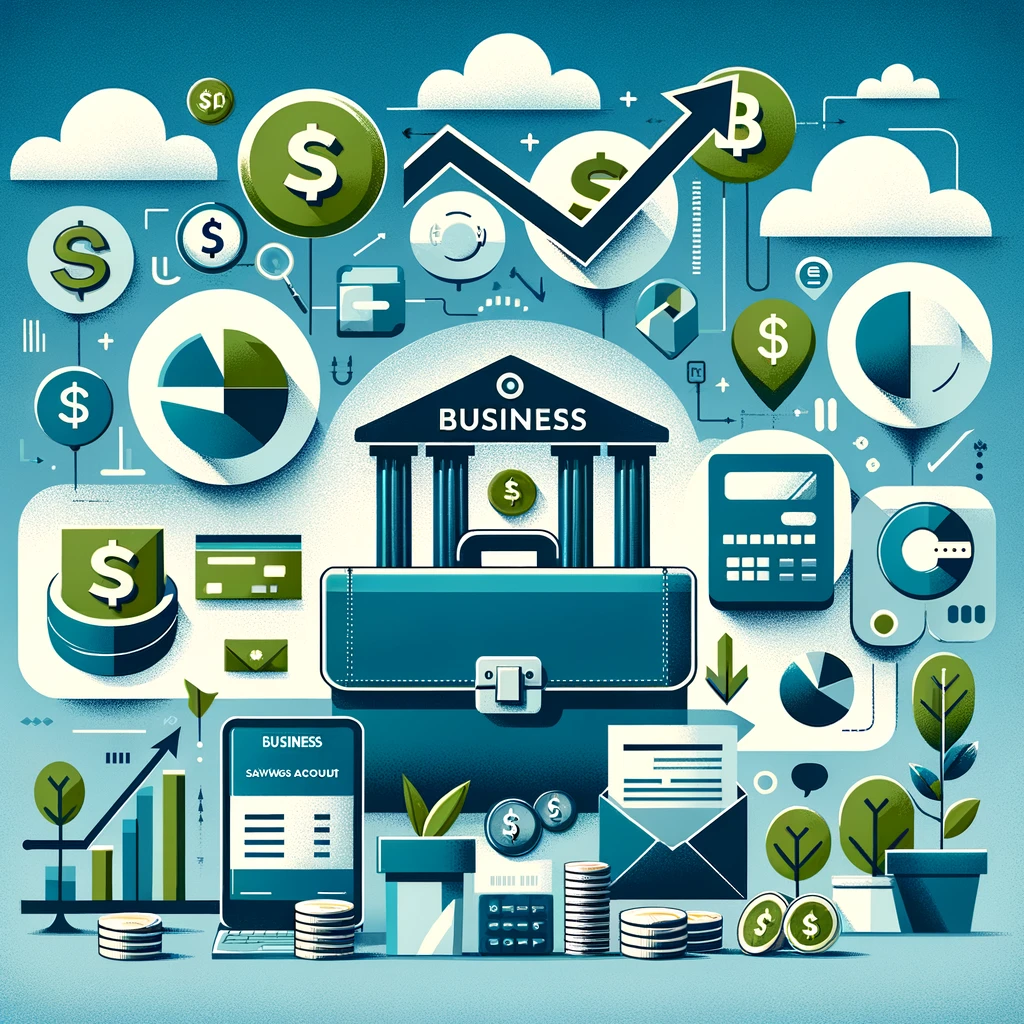 Illustration of diverse business banking accounts including checking, savings, money market, and credit accounts, highlighted with symbols of growth like upward arrows, coins, and a briefcase, against a corporate blue and green background symbolizing trustworthiness and financial prosperity.