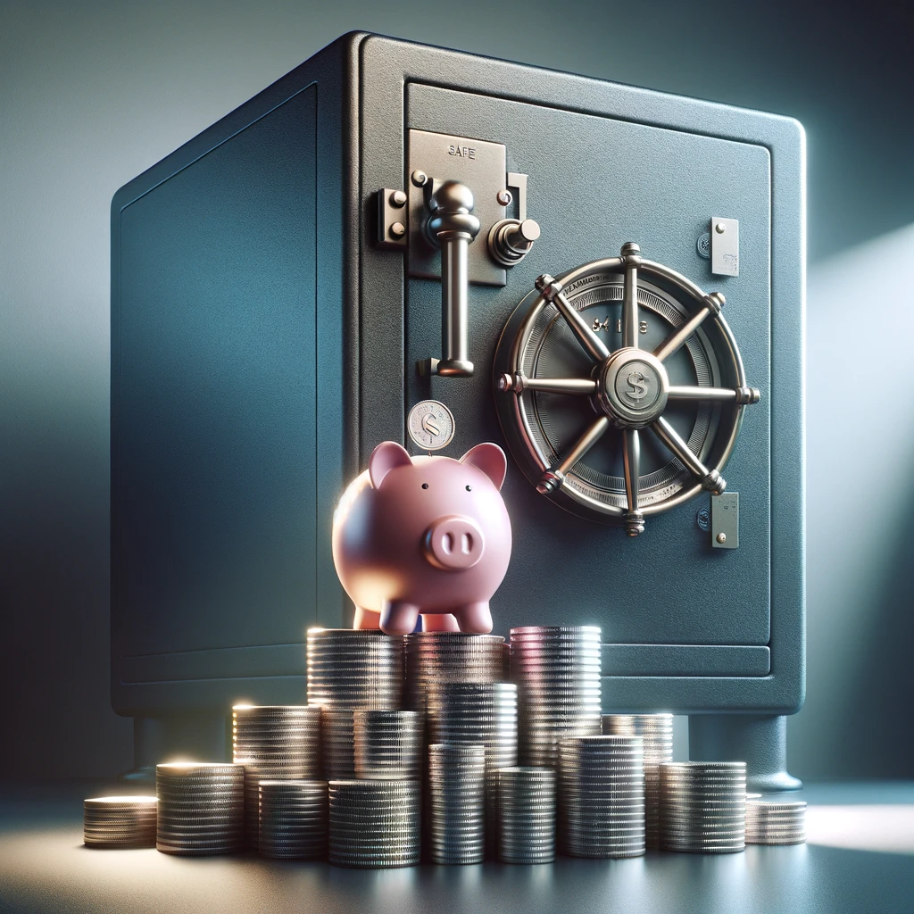 Piggy bank atop rising coin stack with secure vault background, representing growth and security in Regular Savings Accounts.