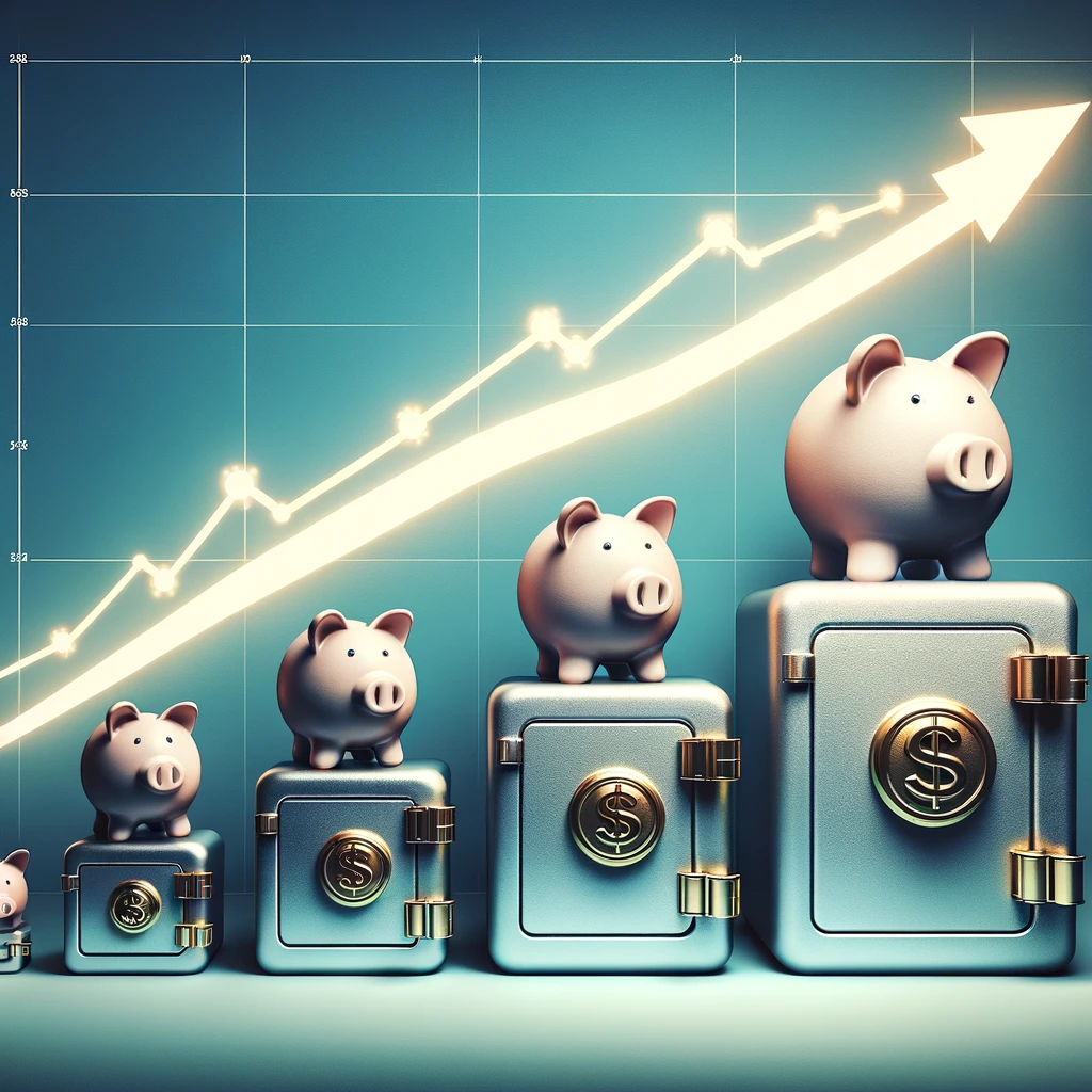 Series of piggy banks and safes labelled with varying terms such as '6 months', '1 year', '5 years', against a backdrop of a rising graph, illustrating the diverse term options and guaranteed growth of Certificates of Deposit (CDs).