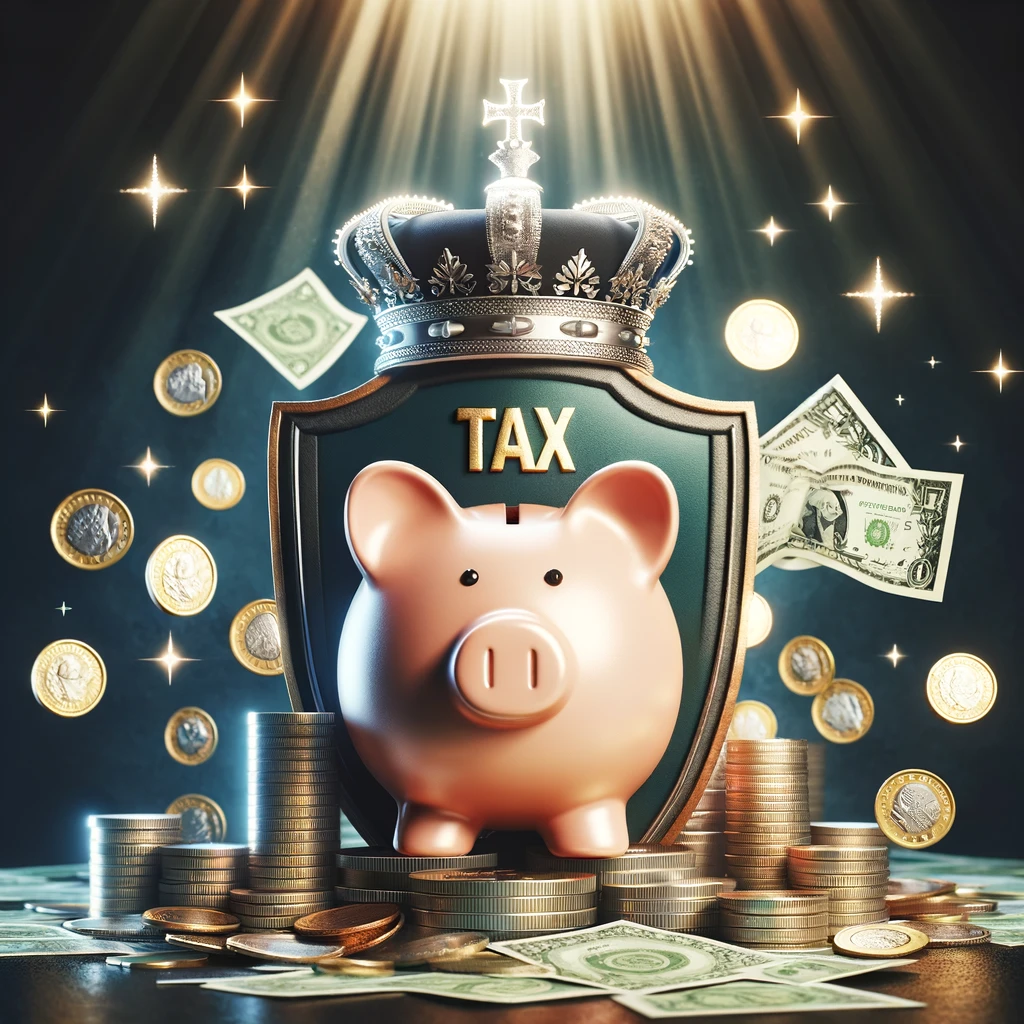 Piggy bank with crown on a mound of coins and notes, protected by a tax-free shield, symbolizing secure and growth-oriented tax-free savings.