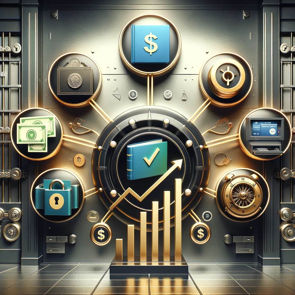 Icons representing Savings, Checking, Money Market, and Certificates of Deposit Accounts arranged in harmony around a bank vault, illustrating the variety and security of personal finance deposit options.