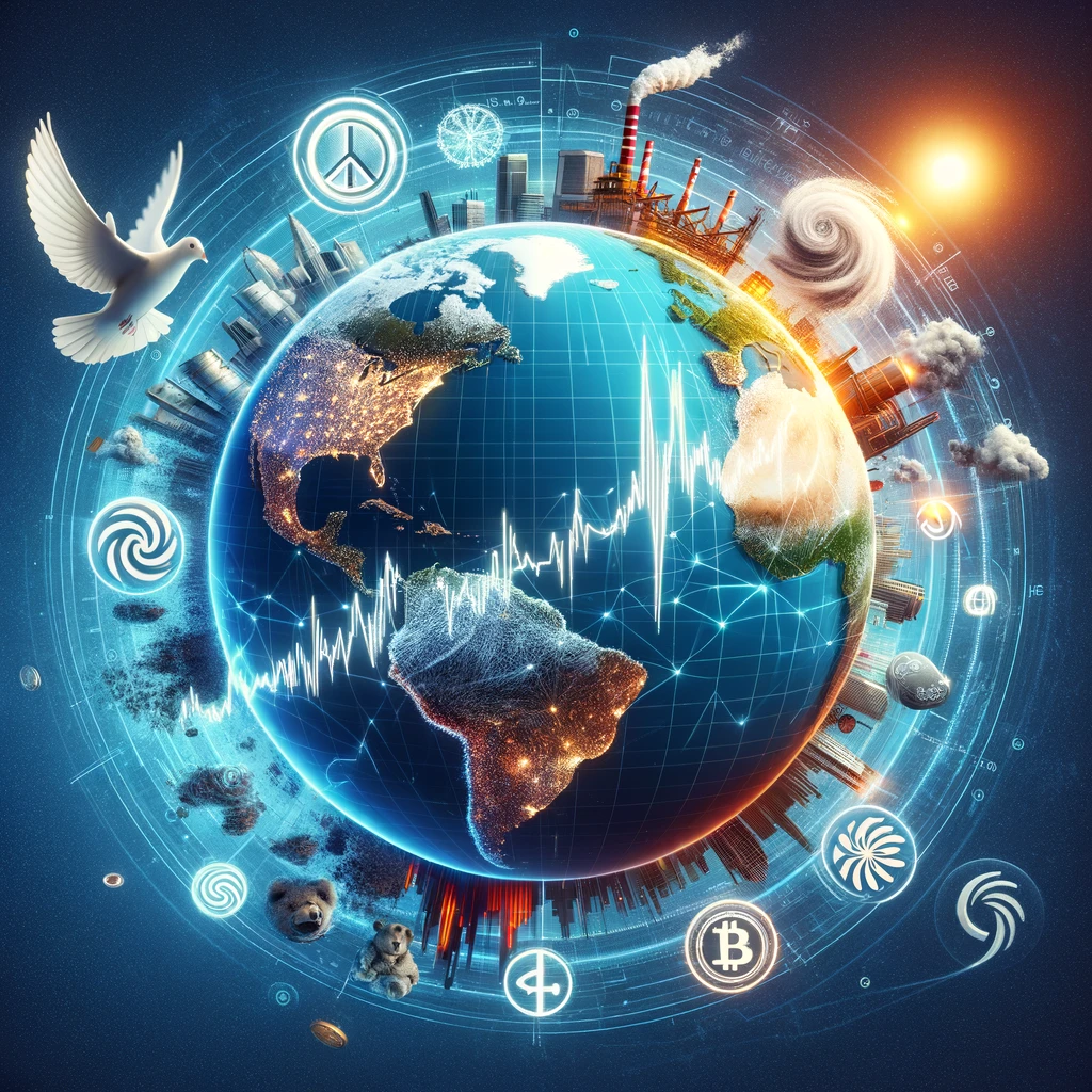 Globe surrounded by icons of peace, natural disasters, economic growth, and cryptocurrency, intertwined with a stock market graph, depicting the impact of global events on stock market trends.
