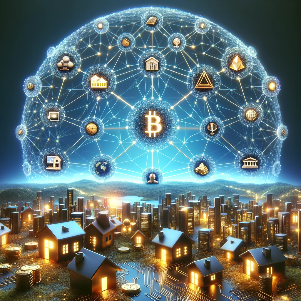Interconnected nodes on a digital global network with icons for real estate, art, commodities, and cryptocurrencies, depicting blockchain technology revolutionizing financial transactions across different sectors.
