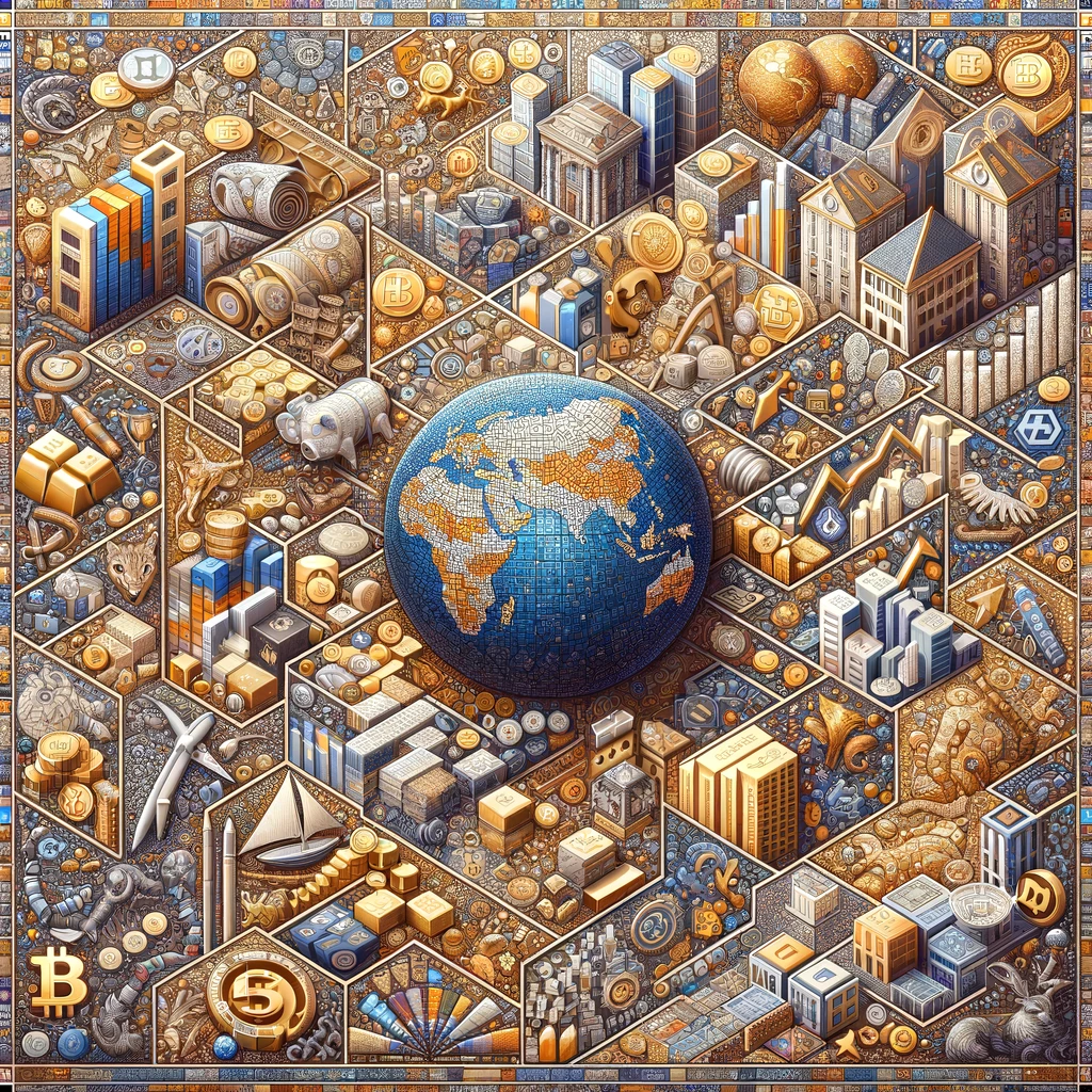 Mosaic featuring diverse investment icons including stocks, bonds, real estate, art, gold, and a central globe for international markets, alongside digital currency symbols, depicting the comprehensive diversity of a balanced investment portfolio.