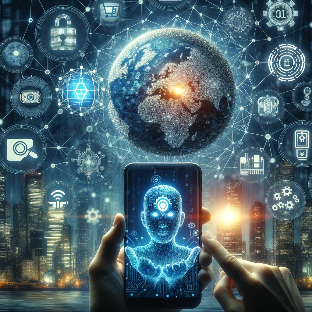 Dynamic digital network with fintech icons including a smartphone for mobile payments, blockchain symbol, AI robot, and machine learning gear against a city skyline, representing the integration and impact of fintech innovations in modern finance.