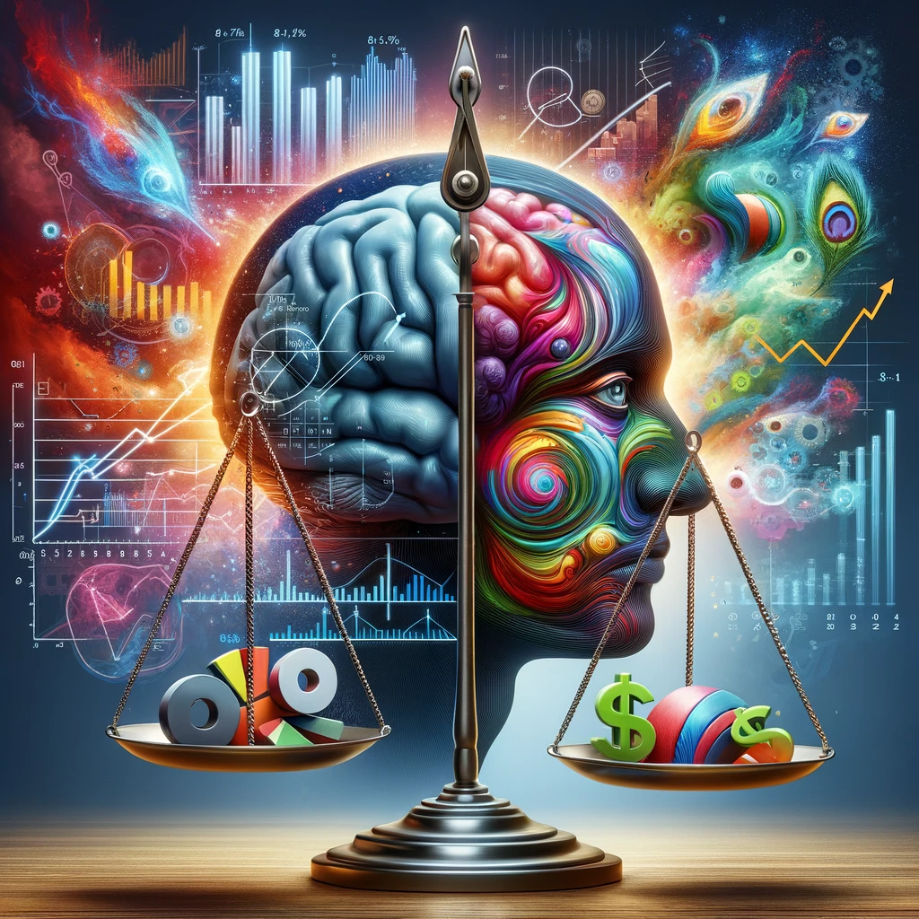 A conceptual image showcasing a split human brain with one half depicting financial charts, graphs, and dollar signs for analytical decision-making, and the other half filled with vibrant abstract colours representing emotional influences on investing, balanced by a scale symbolizing the core challenge of behavioural finance in balancing rational and emotional factors in investment decisions.