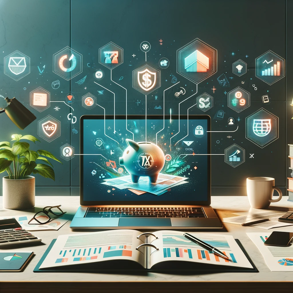 Modern desk setup featuring tax planning strategies on a laptop screen, notepad with key bullet points, calculator, and coffee, with hovering icons of a piggy bank with a growing plant, a protective shield, a family, and global arrows, symbolizing comprehensive tax optimization and financial security in a sleek, organized workspace.