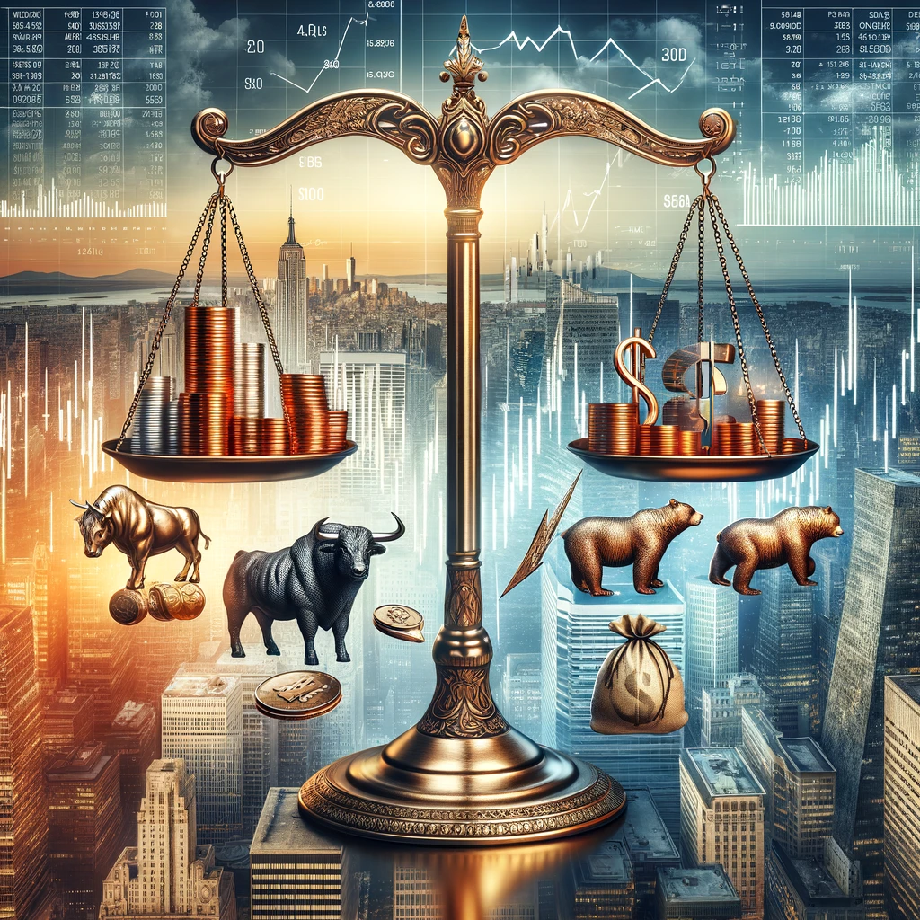 Balanced scale with traditional investment coins on one side and leveraged investment symbols including a bull, bear, lightning bolt, and shield on the other, against a financial district skyline with digital market trends, illustrating the balance of opportunity and risk in leveraged investing.