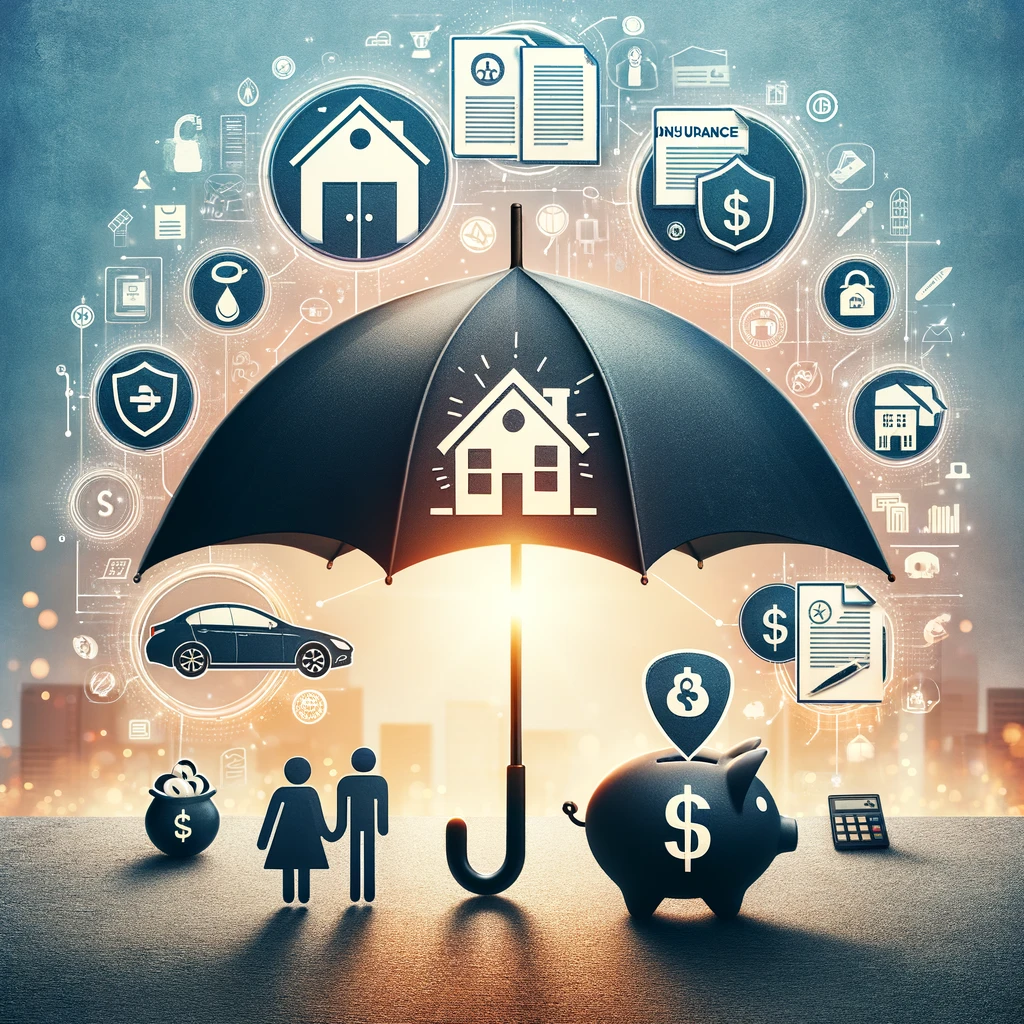 Protective umbrella covering miniature house, car, family figurine, and piggy bank against a serene sky backdrop, symbolizing the comprehensive coverage and peace of mind provided by insurance in personal finance planning, with financial documents faintly overlayed.