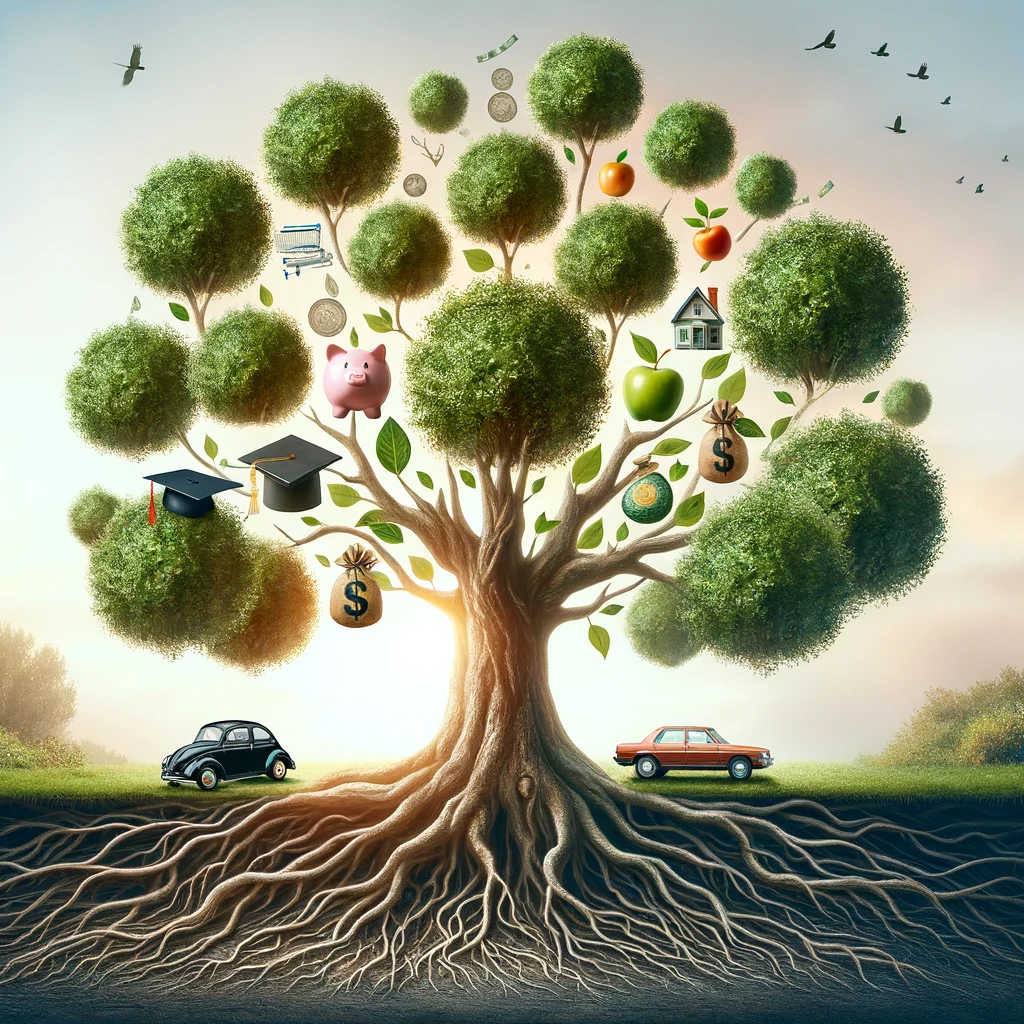 Robust tree with deep roots and branches bearing symbols of financial health, including a miniature house, piggy bank, graduation cap, and car, against a clear sky background, representing the strong foundation of effective debt management and the diverse benefits of achieving financial freedom.
