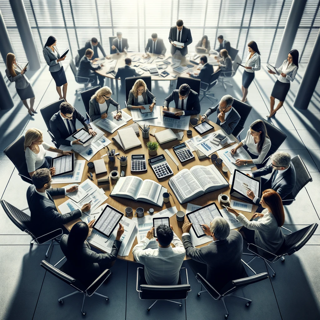 Group of diverse individuals collaboratively engaging in tax planning and strategy session in a modern office setting, using financial calculators and digital tablets, emphasizing the importance of teamwork in financial literacy and tax preparation.