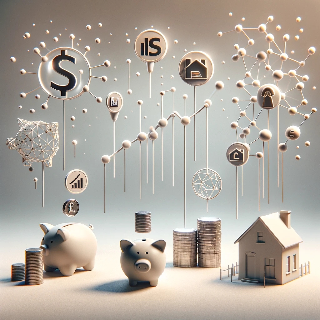 Infographic illustrating the four main types of UK Individual Savings Accounts: a piggy bank icon for Cash ISA, a rising stock graph for Stocks and Shares ISA, interconnected dots and lines for Innovative Finance ISA, and a house with a retirement savings pot for Lifetime ISA, set against a neutral background to highlight financial growth and saving strategies.