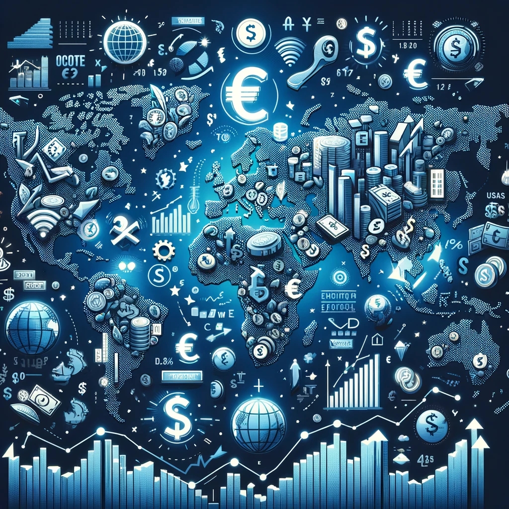 World map highlighting emerging markets affected by inflation, with symbols of rising prices, currency fluctuations, and upward economic trends, illustrating the challenges and growth opportunities of inflation in a global context.
