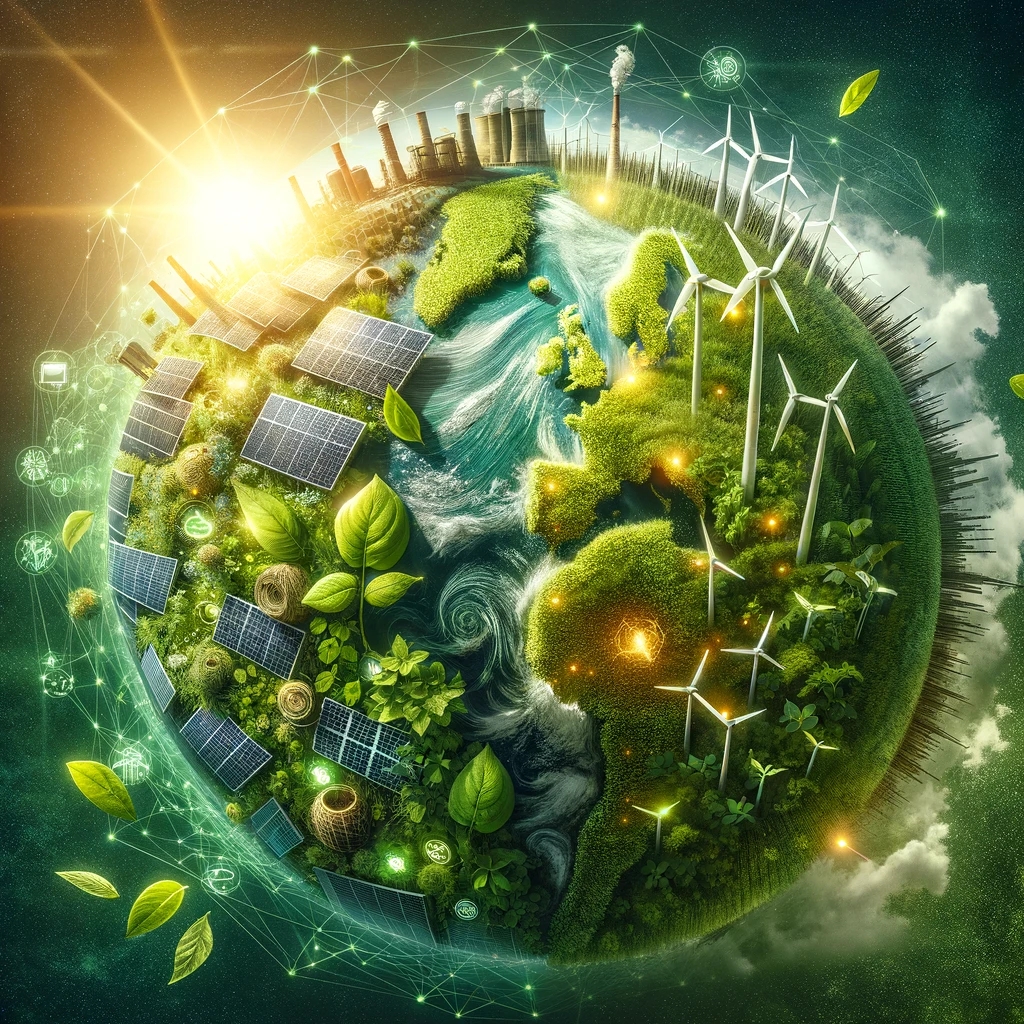 Vibrant globe showcasing the duality of nature and renewable energy, with one half covered in lush green foliage and the other adorned with symbols of solar panels, wind turbines, hydroelectric dams, and biomass fields, intertwined with lines symbolizing the interconnected global financial markets, emphasizing the global impact and potential of green energy investments.
