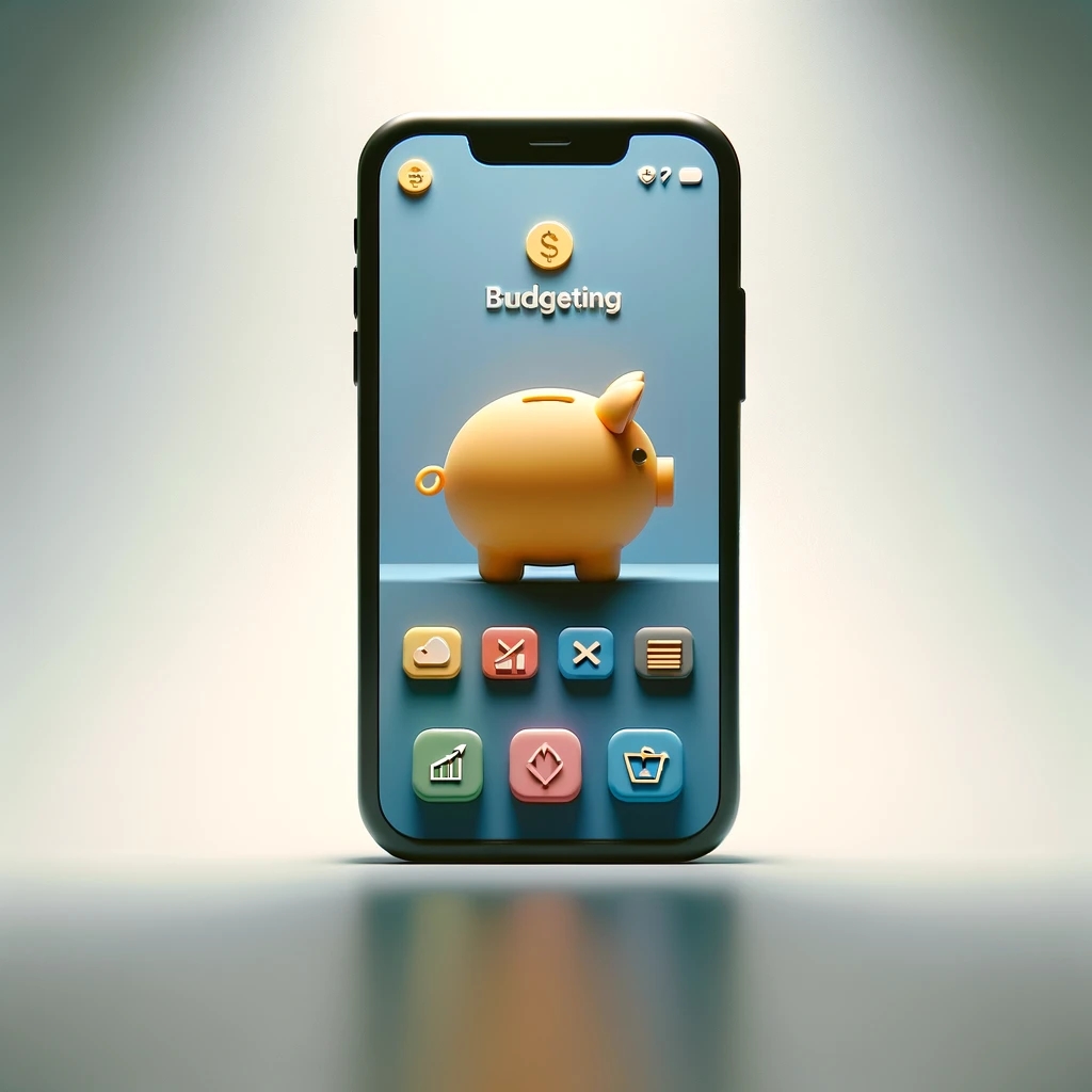 Smartphone with budgeting app interface showing piggy bank icon for savings management.