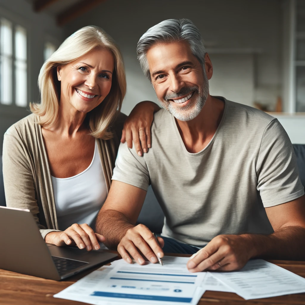 Mature couple confidently reviewing financial documents on a laptop at home, smiling and relaxed, as they prepare for retirement in a comfortable living room setting.