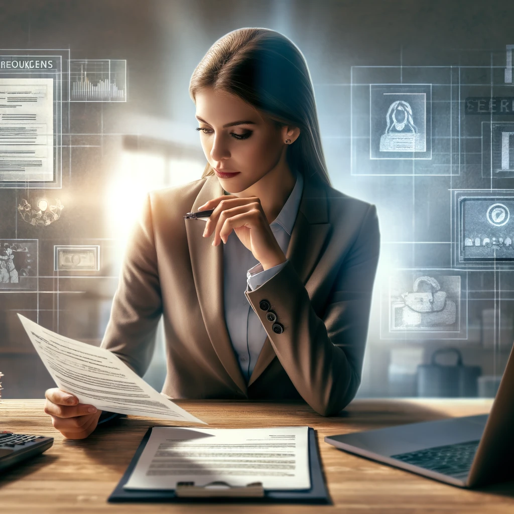 Professional woman thoughtfully reviewing financial documents at a desk, with a laptop displaying a resume and a notepad with planning notes, symbolizing careful career transition and financial management.
