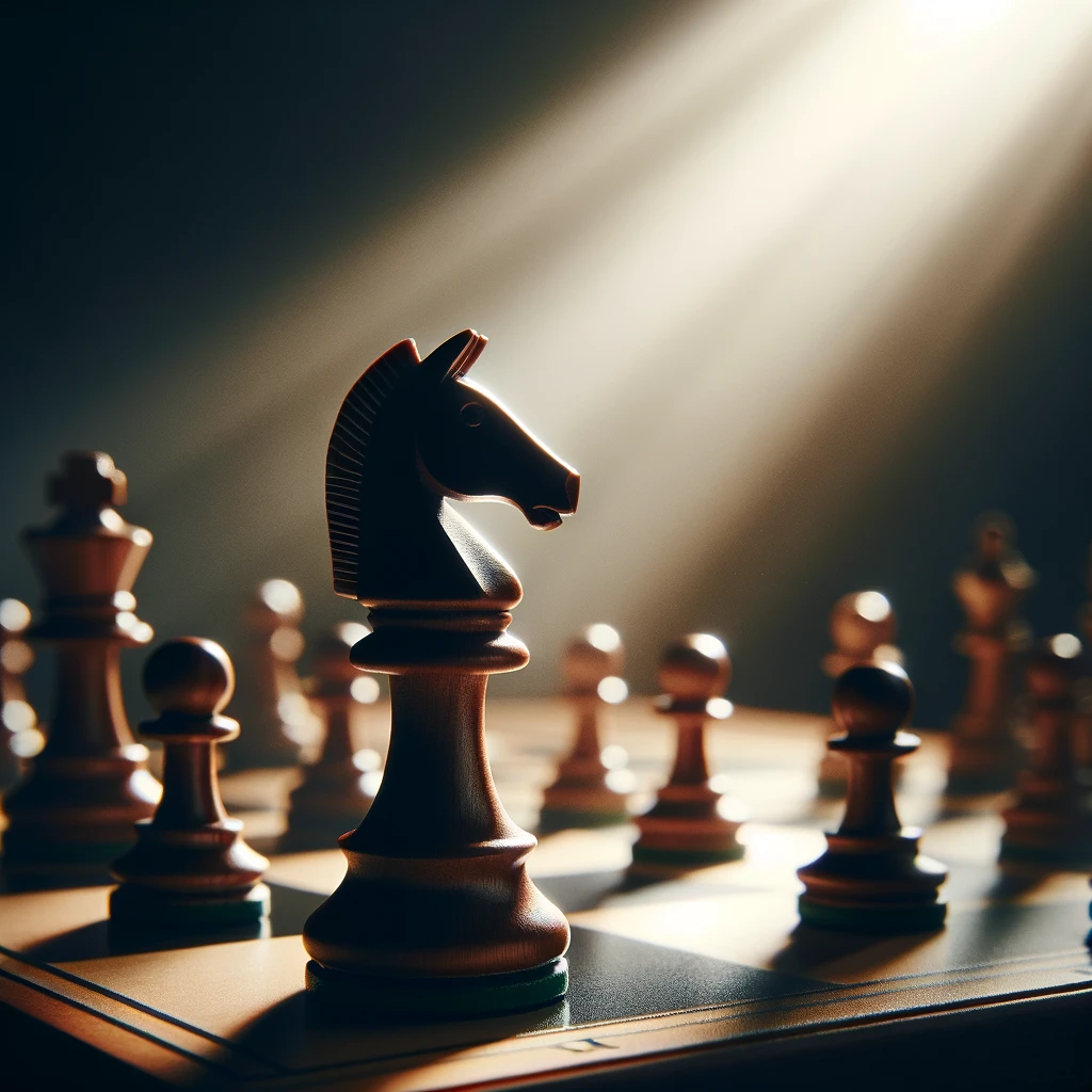 Chess piece prominently positioned on a chessboard, symbolizing strategic planning and decision-making in business. The focused lighting highlights the texture of the piece, illustrating the careful consideration required in executing a successful business plan.