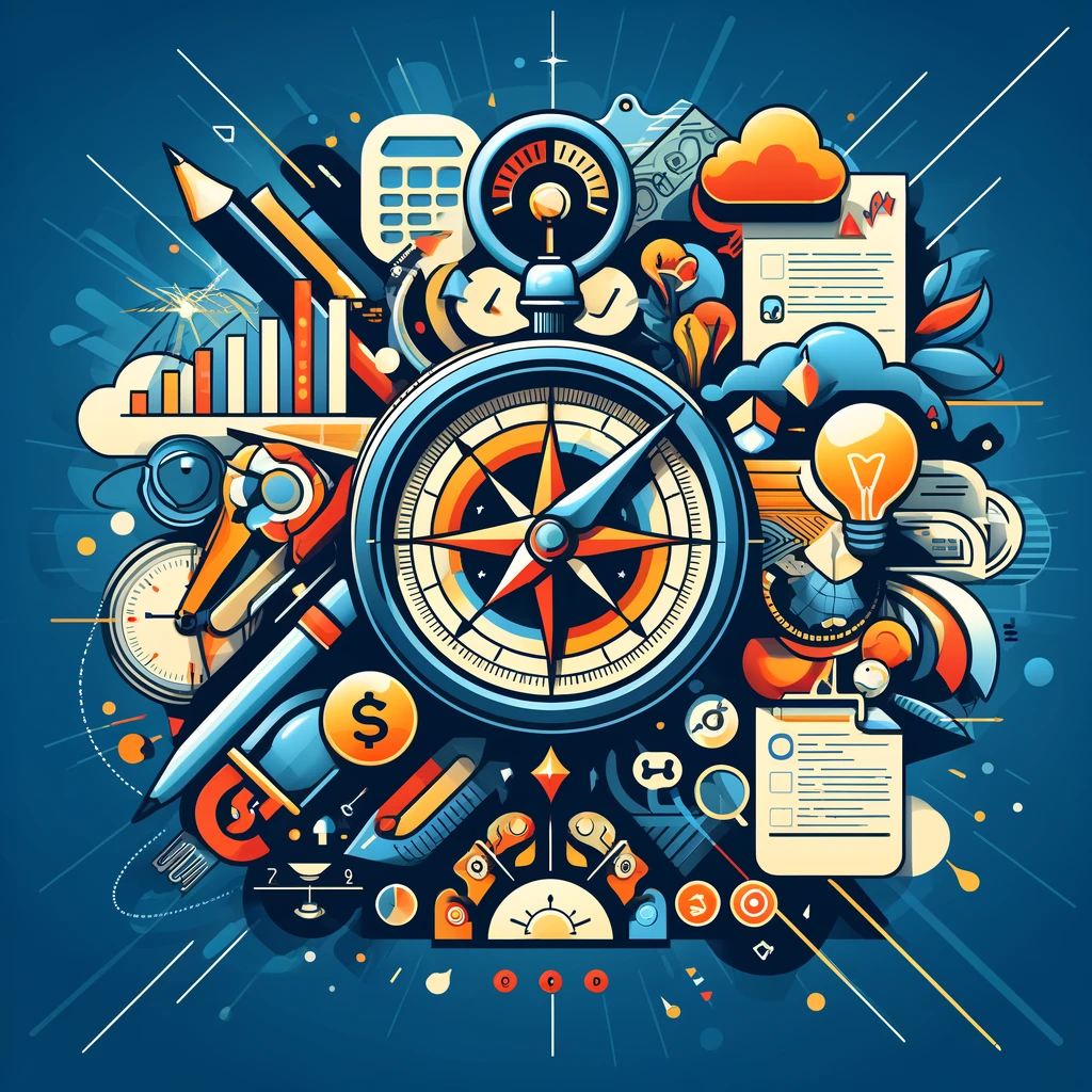 Abstract image featuring a compass and map with various checkpoints, surrounded by icons like a pen, shield, calculator, and lightbulb, symbolizing the journey of navigating business registration and compliance, with a vibrant mix of colors and shapes to illustrate key aspects of the process.