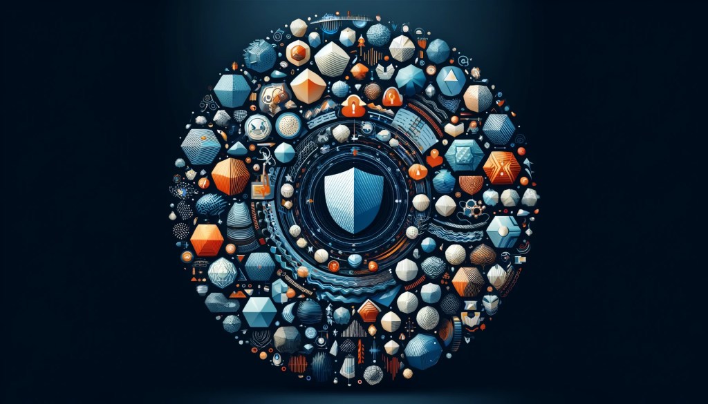 Abstract illustration of business risks with blue polygonal shapes and central contrasting core.