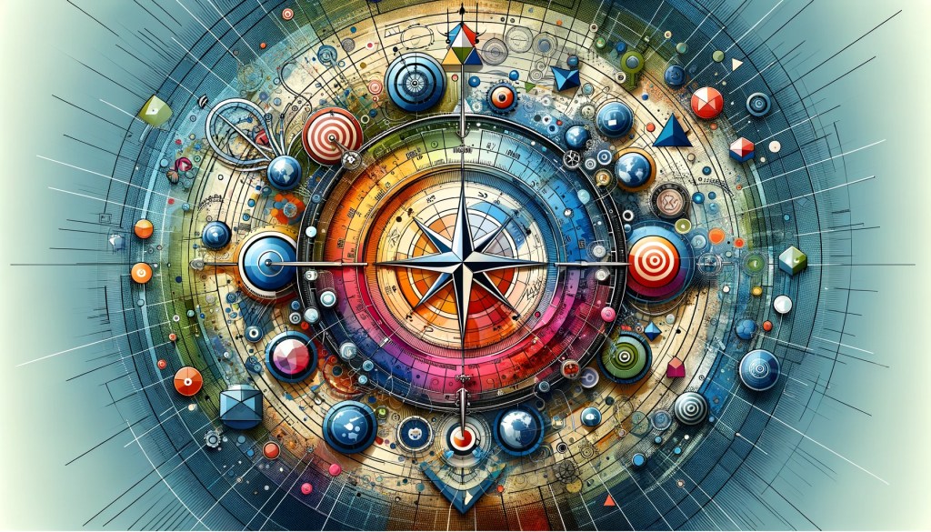 Vibrant geometric shapes and lines illustrating a cohesive marketing strategy with a central focal point.