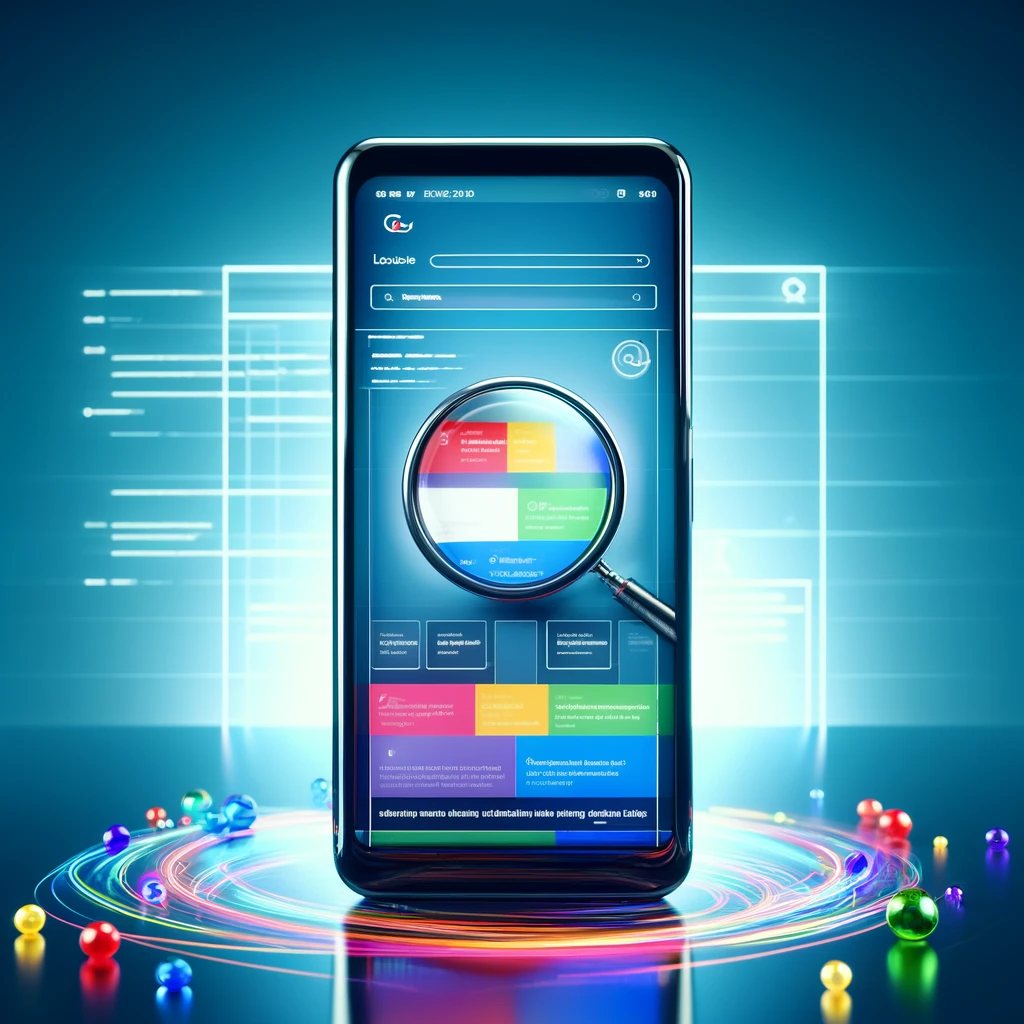 Modern smartphone displaying a colorful, adaptable website, exemplifying mobile-first responsive design, with a background wireframe of a search engine results page highlighting mobile optimization.