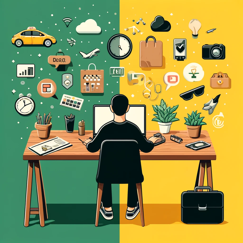 Person sitting at a divided desk, working on a laptop, with one side featuring traditional office items like a clock and papers, and the other side displaying gig economy icons such as a rideshare car and a food delivery bag, symbolizing the shift towards flexible gig work opportunities.