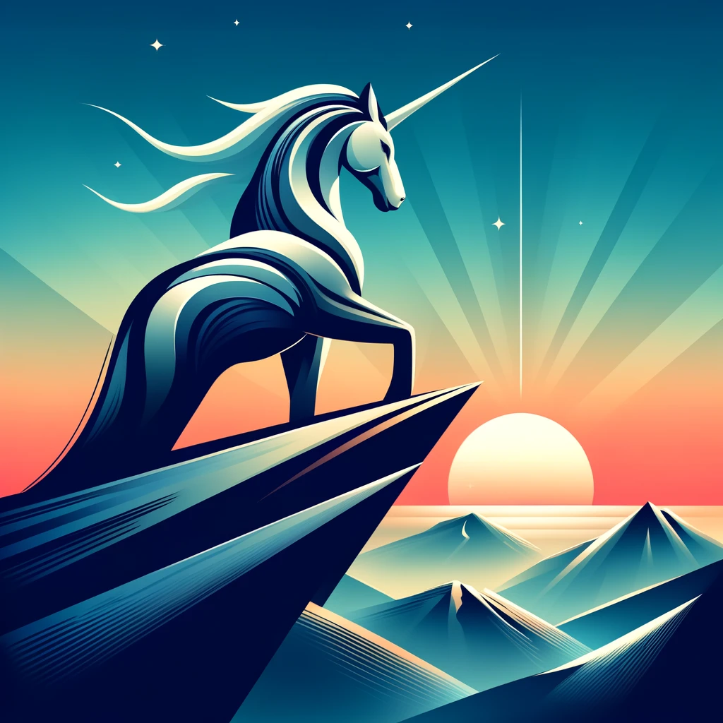 Modern, minimalist illustration of a unicorn standing on a mountain peak, symbolizing the unique and transformative impact of unicorn companies on various industries, with a stylized landscape, rising sun, and trail of stars highlighting their growth and success.