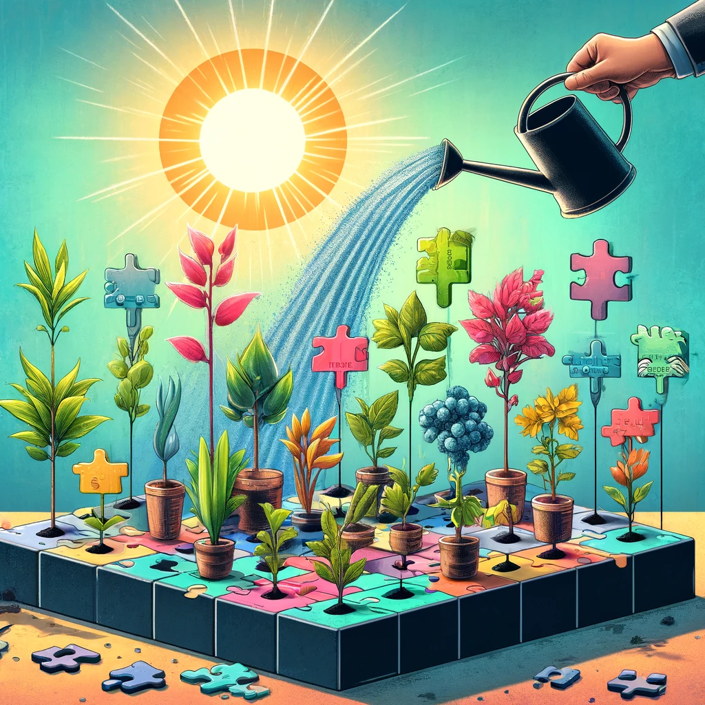 "Illustration of a person watering diverse plants growing from puzzle piece-shaped platforms, representing startups in an equity crowdfunding portfolio, with a rising sun in the background symbolizing potential growth and success.