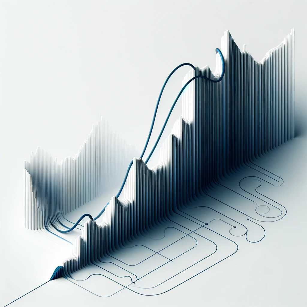 Minimalistic abstract image of a bold, deep blue line graph on a white background, ascending initially to depict economic growth, then sharply descending to represent recessions, and curving upward again to signify economic recovery.