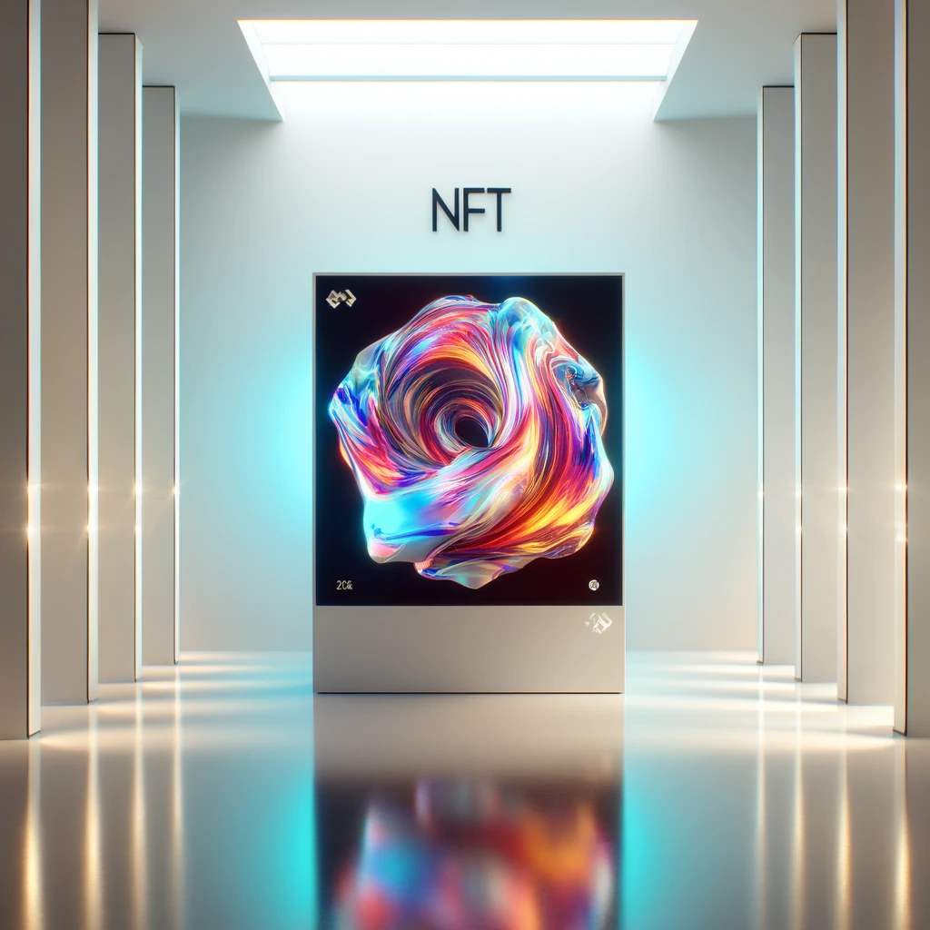 Sleek, minimalist gallery space with white walls and polished floors showcasing a vibrant NFT artwork on a modern digital display. The artwork, an abstract animated 3D sculpture, rotates and morphs, highlighted by soft ambient lighting, emphasizing the fusion of blockchain technology NFTs and digital art.