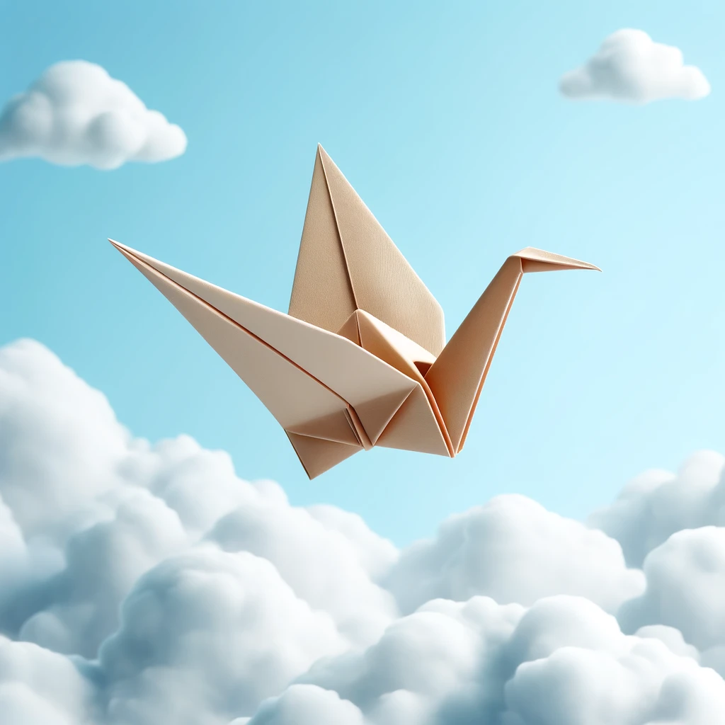 Image of an origami crane soaring above clouds, representing the journey to navigate through potential mistakes in the stock market.