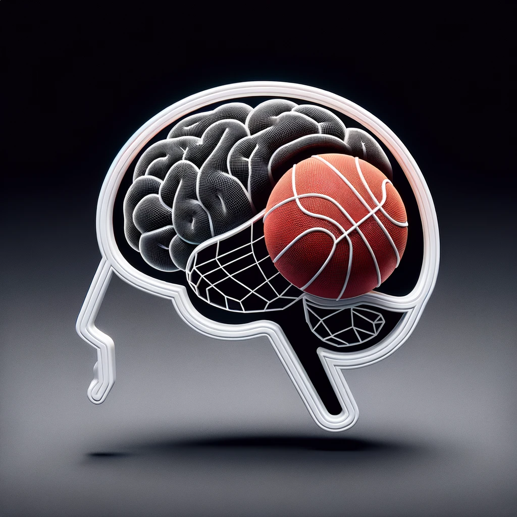 Picture a simple, minimalistic image of a human brain, represented by clean, white 3D lines or wireframe on a solid black background. The brain should be slightly angled to one side, and inside the brain, there should be a single, stylized sports ball (such as a football, basketball, or soccer ball) placed off-center. The sports ball should be a vibrant, contrasting color (like red or orange) to stand out against the white brain wireframe and black background. This simple visual representation effectively conveys the concept of the psychological aspects of sports betting, highlighting the connection between the mind and the act of placing bets on sporting events.
