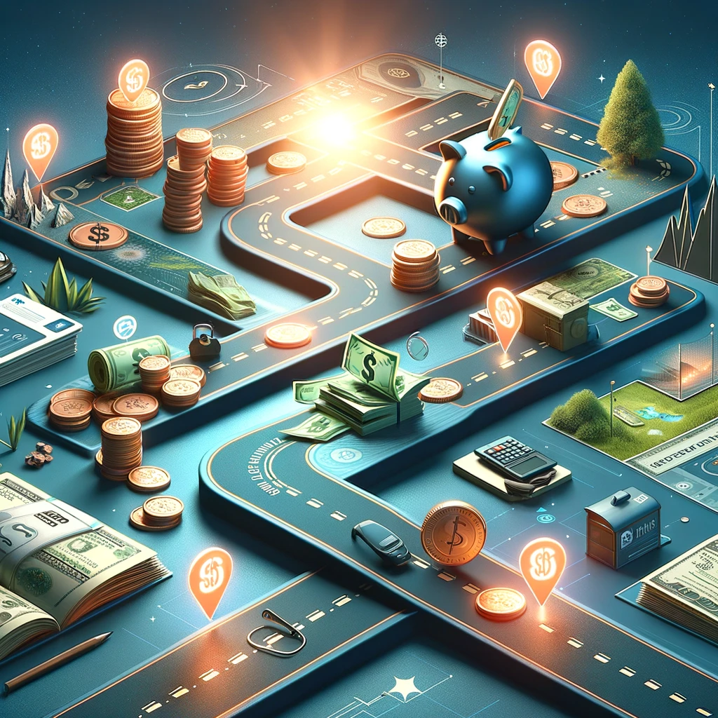 Ultra-high-definition illustration of a Save Money Roadmap, featuring vivid, photorealistic checkpoints and milestones to guide financial savings and planning.