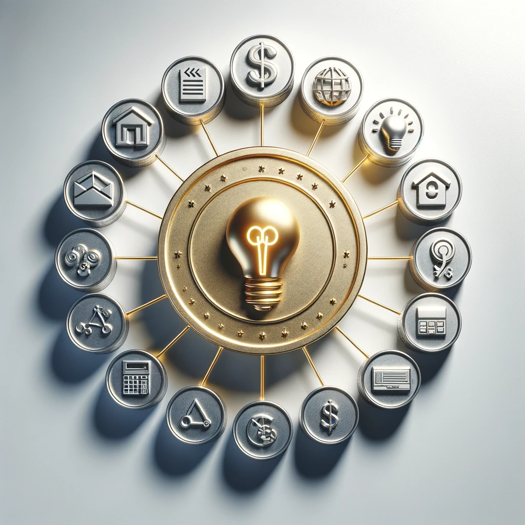 Modern minimalist financial concept with a central gold coin embossed with a small business icon, surrounded by smaller silver coins featuring tax deduction symbols such as a house, car, and calculator, set against a plain white background, representing small business tax efficiency and growth.