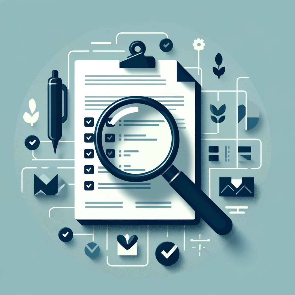 Minimalist illustration of a magnifying glass hovering over a document with checkboxes, symbolizing due diligence in equity crowdfunding, featuring a subtle watermark of a startup plan and a color scheme of blues, greens, and grays to convey trust and growth.