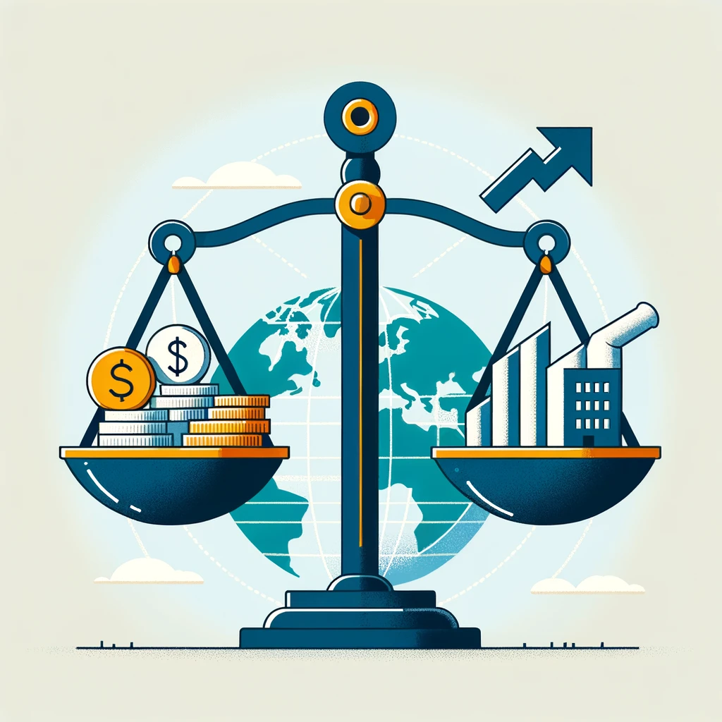 Minimalist illustration of a balance scale with a stack of coins and paper currency on one side representing Central Banks role in monetary policy and financial stability, and a factory icon with an upward-pointing arrow on the other side symbolizing economic growth and development, set against a background of a stylized globe to depict global economic interconnectedness.