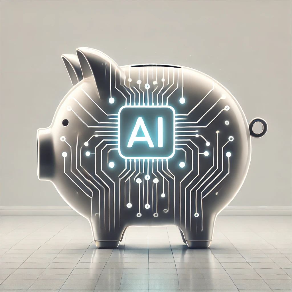 A futuristic piggy bank with a glowing AI-inspired circuit design, symbolizing smart money management and AI-driven financial growth.