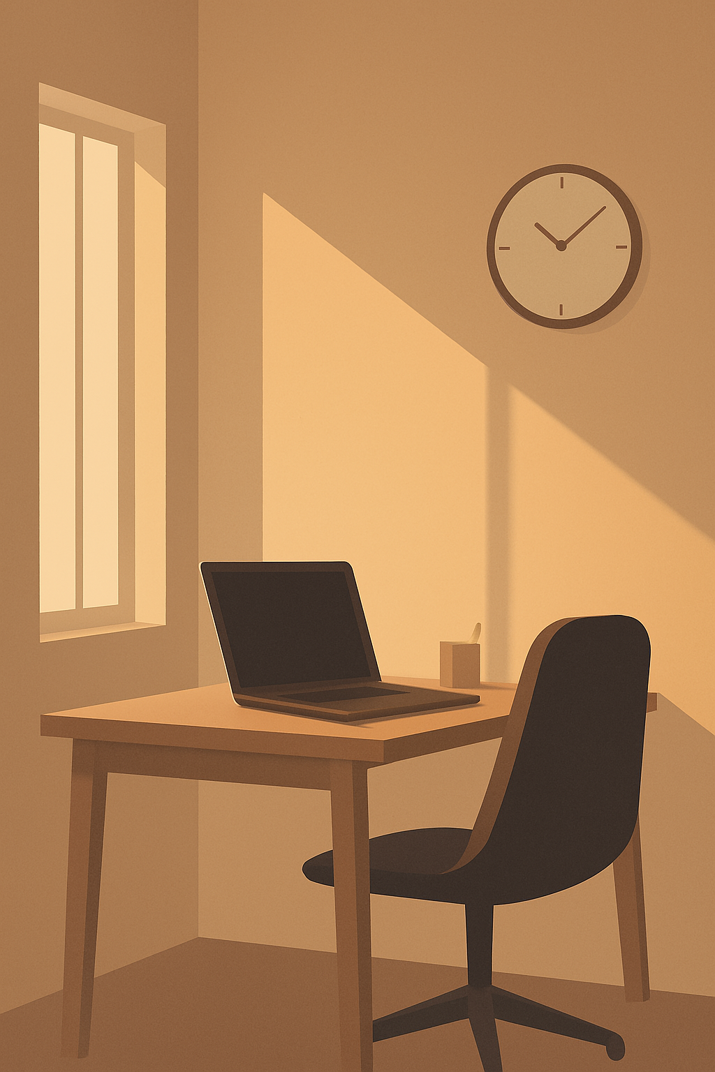 Minimalist illustration of a modern office with soft daylight, symbolizing the business impact of Daylight Saving Time on productivity and scheduling