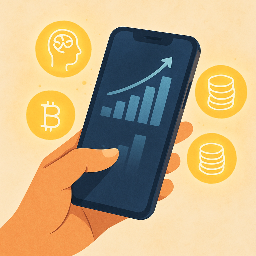 Illustration of a hand holding a smartphone with investment icons, symbolizing beginner-friendly investing apps