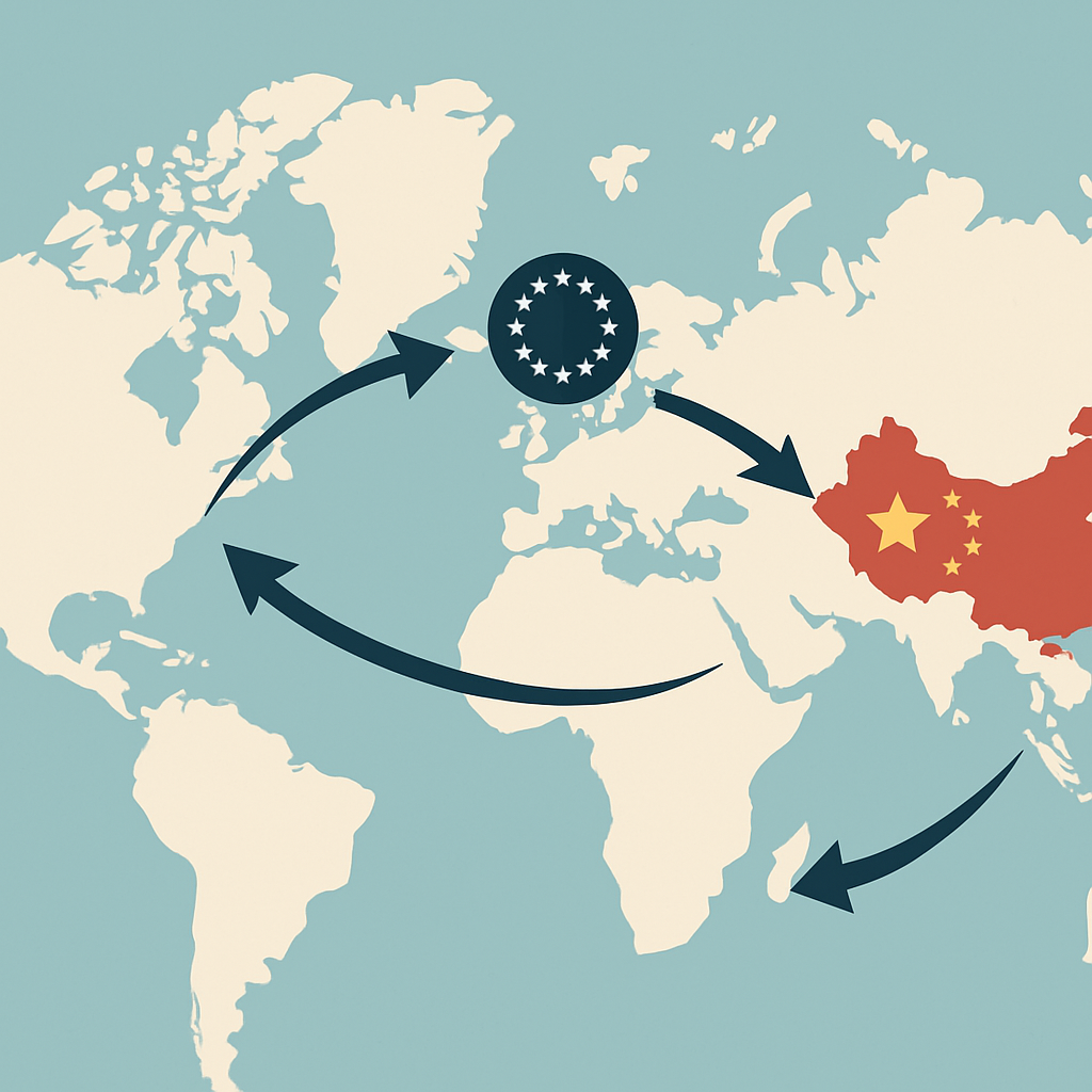 World map illustration showing global trade routes and tariff impact between major economies including the U.S., China, and Europe